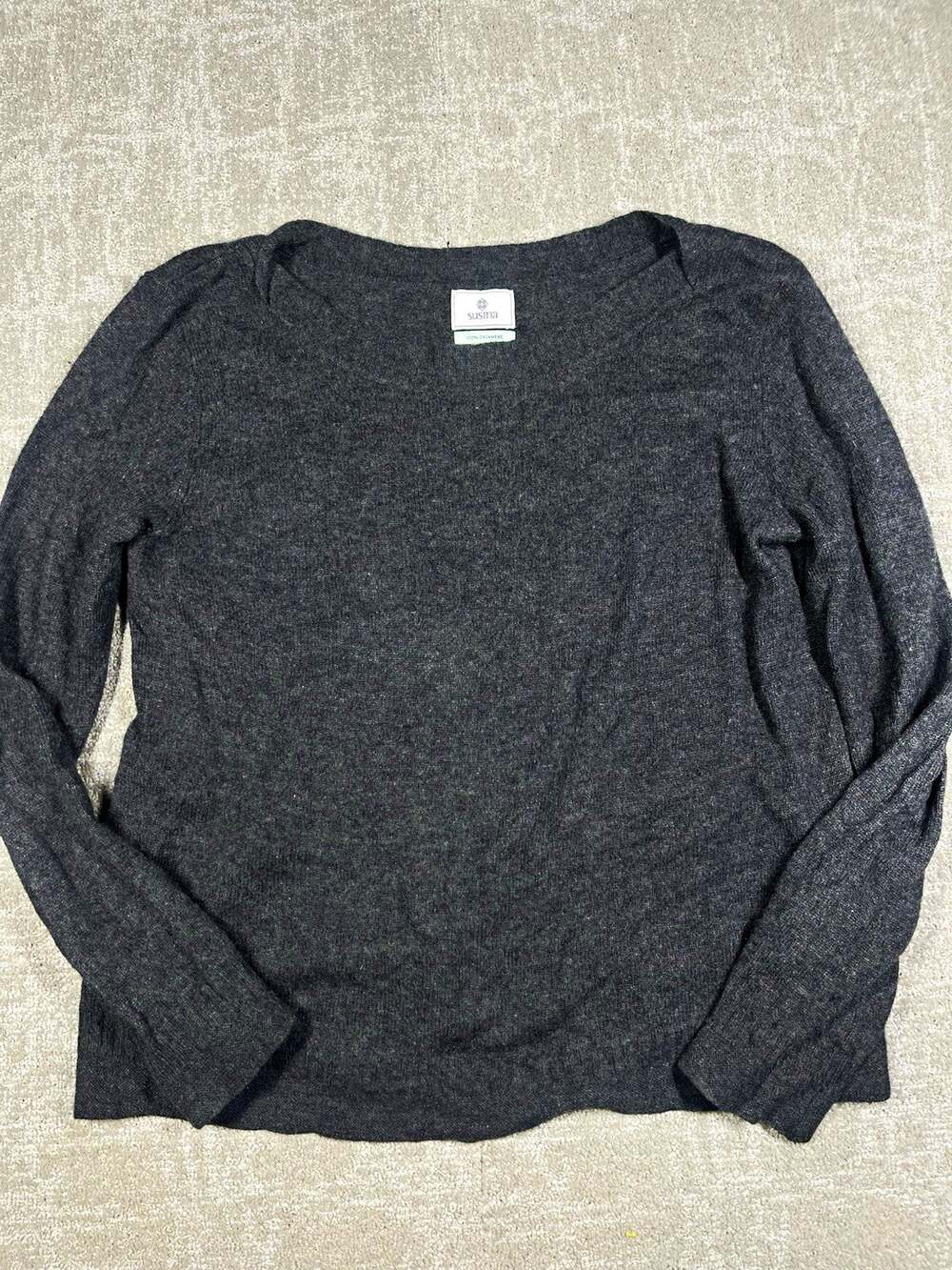Susina Womens 100% Cashmere Gray Knit Boat Neck Long Sleeve Pullover Size L
